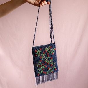 VINTAGE Beaded Blue Evening Bag Purse Cherries